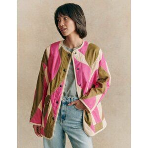 EUC Sezane Farel Patchwork Cotton Quilted Jacket Olive Pink Ecru 34, 2, XS